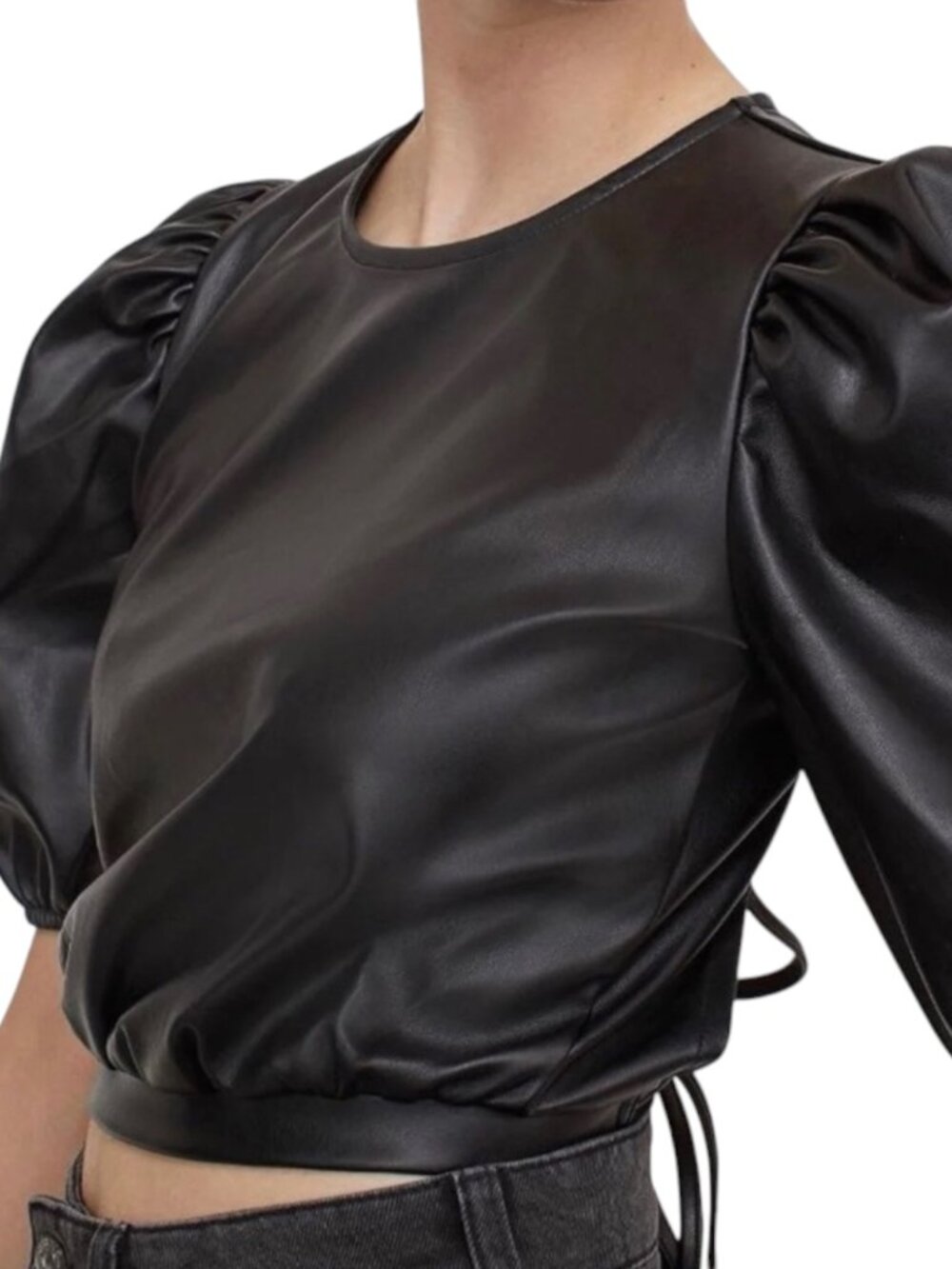 H&M Faux Leather Lace Crop Top Puff Sleeve Black M